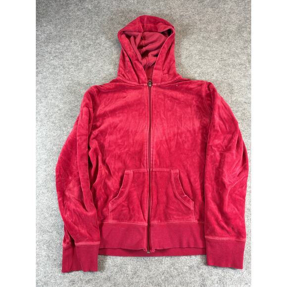 VINTAGE Y2K Hoodie Womens Medium Red Velour Full Zip Sweatshirt Athleisure 90s - Picture 4 of 4